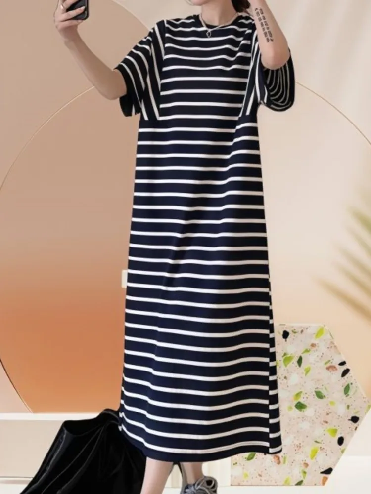 Spring Summer Blue And White Striped Loose Midi T-Shirt Dress Short Sleeve Maxi Dress New Arrival Women's Clothing Dress