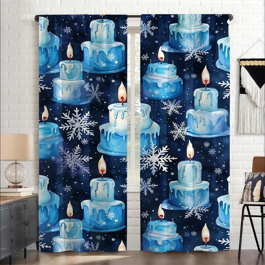 2PCS Christmas Winter Curtains, Blue Cakes Candles, Digital Print, Bedroom Living Room Kitchen, Rod Pocket Polyester, Home Decor
