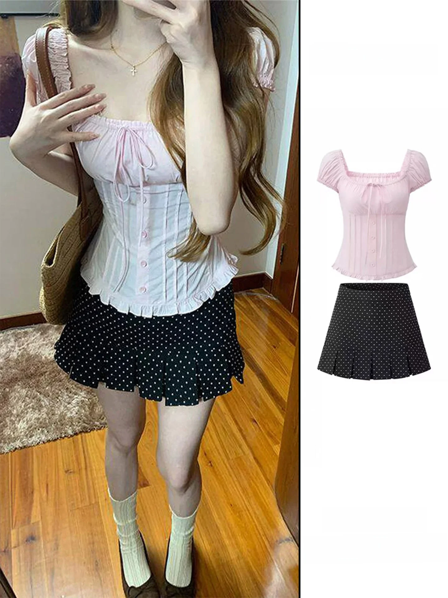 

Sweet Style Bubble Sleeve Pink Shirt Women's Summer Korean Knot Polka Dot Short Skirt Set Breathable High Waist Sho...