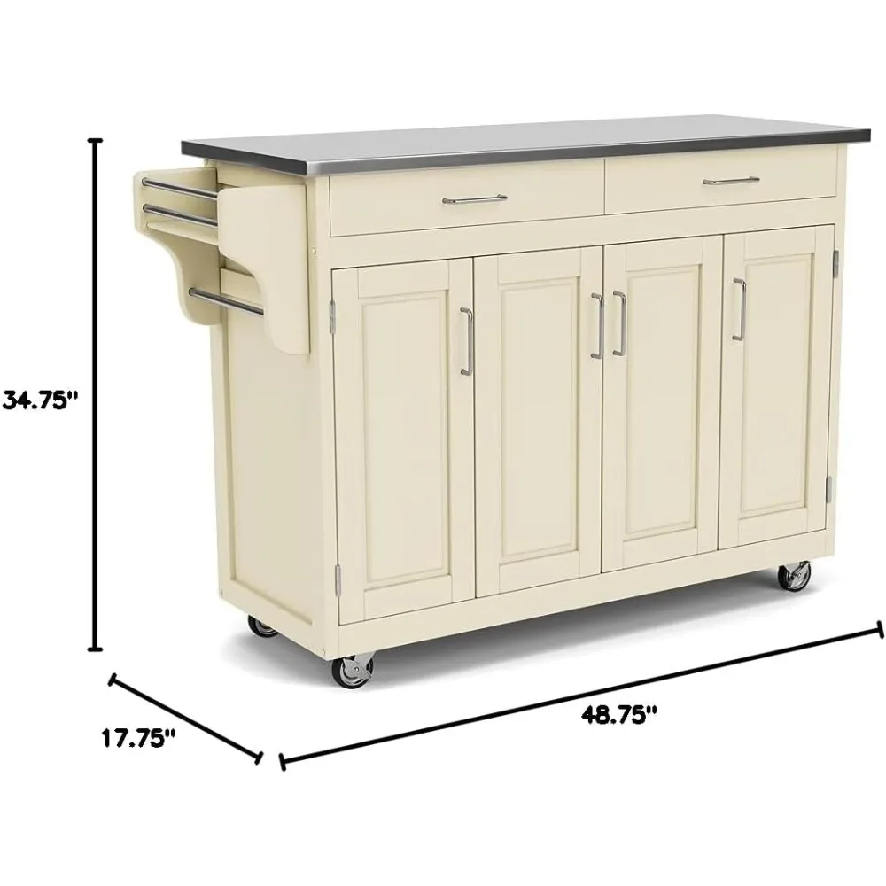 Carrinho de ilha de cozinha rolante, carrinho de cozinha de armário de 4 portas com tampo de aço inoxidável, 17,75 "P x 48,75" L x 34,75 "A, branco