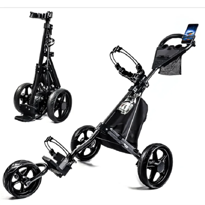 Carrello da Golf pieghevole a 3 ruote con freno a pedale e supporto per telefono e borsa termica impermeabile, leggero portatile