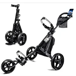 3 Wheels Folding Golf Push cart with Foot Brake & Phone Holder & Waterproof Cooler Bag, Portable Lightweight