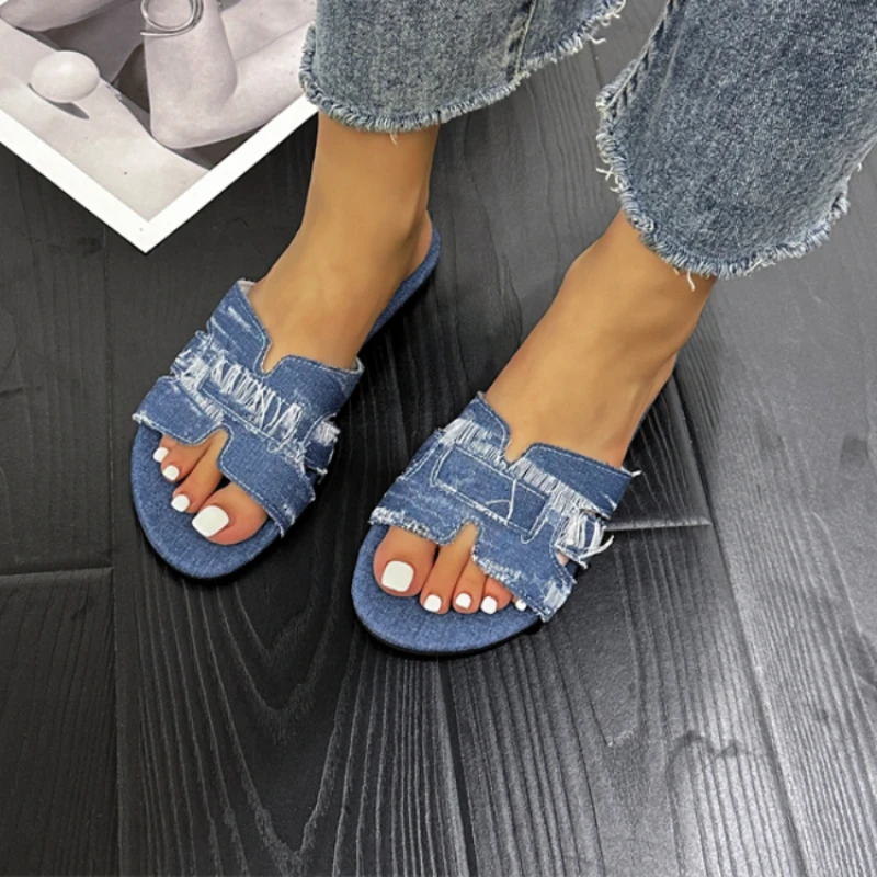 New Large Size Slippers 2024 Summer New Flat Bottomed Sandals for Women\'s Denim Solid Color Slippers