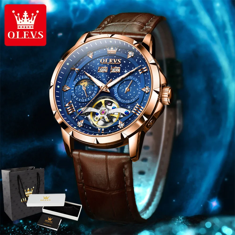 

OLEVS 6690, мужские часы, модные деловые механические мужские часы с датой и фазой Луны, роскошные полые оригинальные водонепроницаемые часы для мужчин