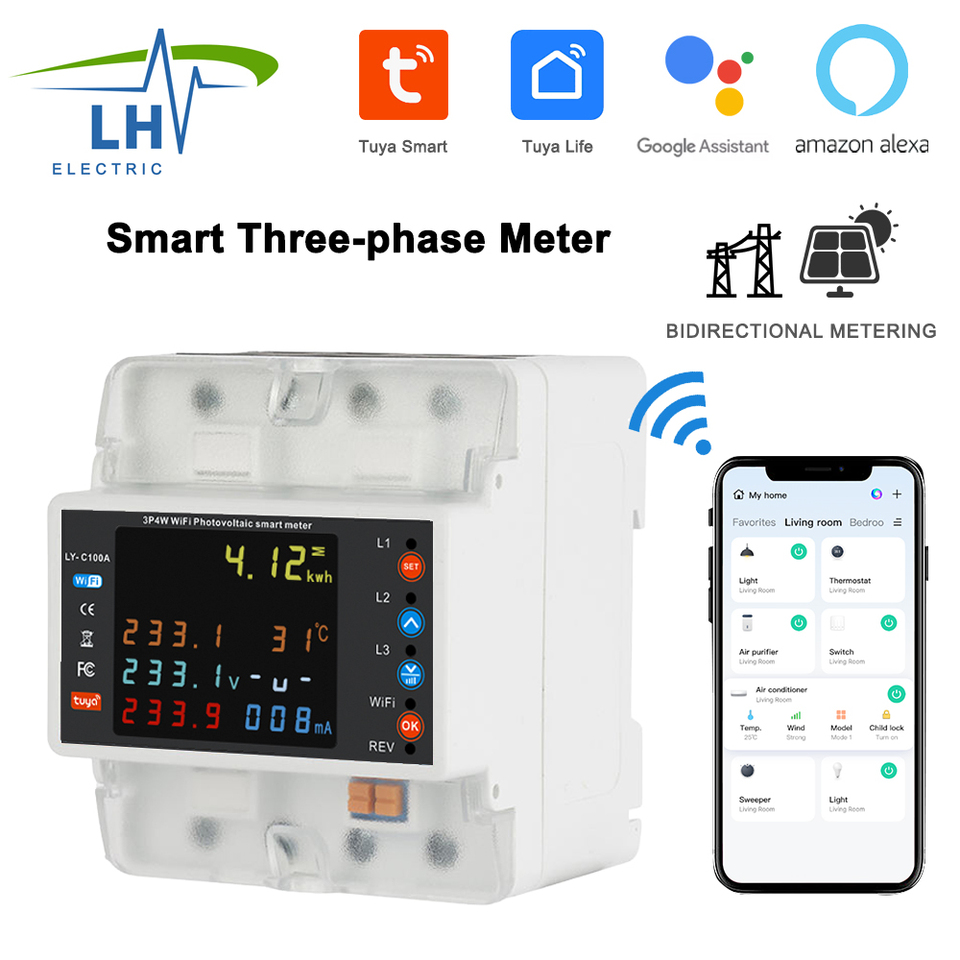 4P 100A Tuya WiFi Three Phase Energy Meter with Bi Directional Auto-Reclosing Protector Relay Switch for Smart Life