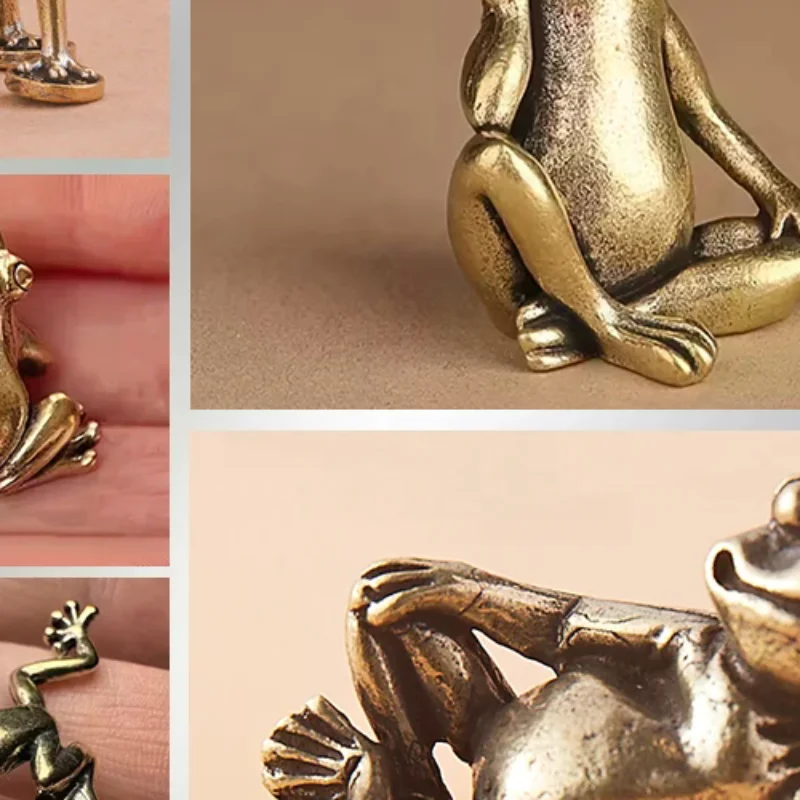 Statue de grenouille vintage en laiton, décoration grenouille, pose contemplative charmante, ornement de bureau, figurine de thé, décoration maison et bureau