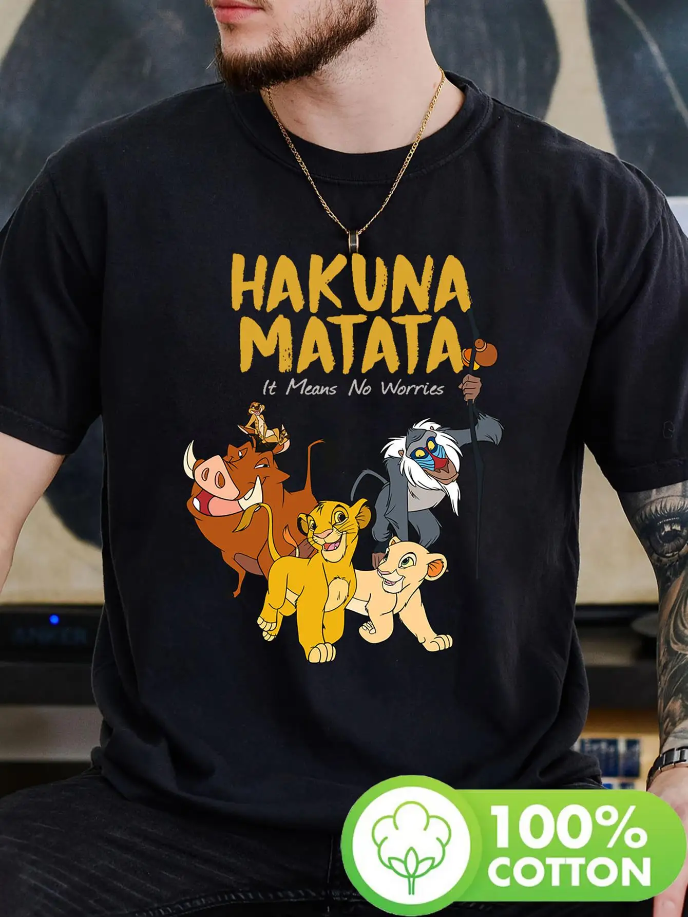

Disney The Lion King HAKUNA Men's and Women's style pattern pure cotton short sleeved T-shirt street Harajuku style oversizedTop
