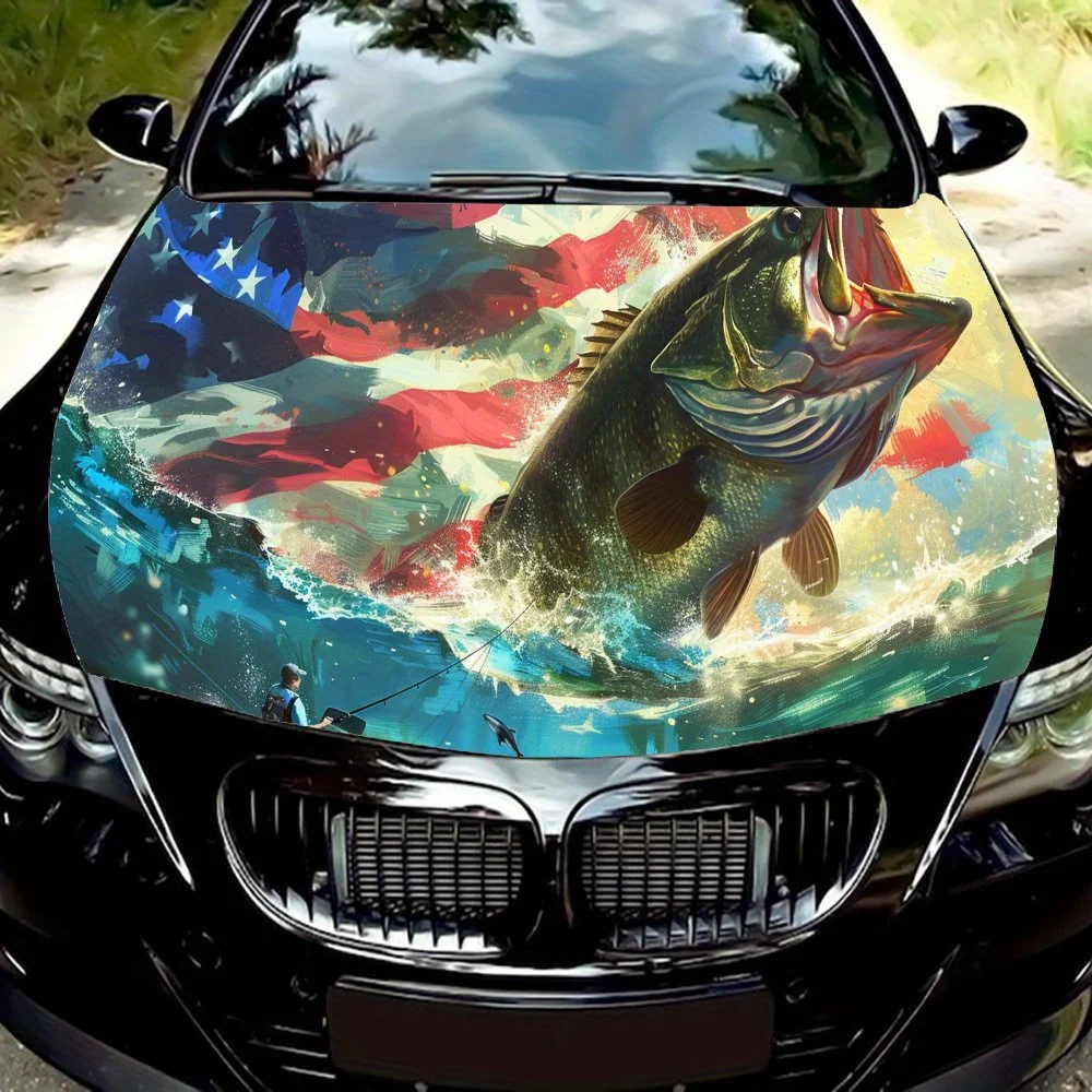 

Рыба прыжка на волнах, виниловые обертки для автомобиля из ПВХ с американским флагом, самоклеящаяся водонепроницаемая наклейка на капот автомобиля, украшение автомобиля Protec