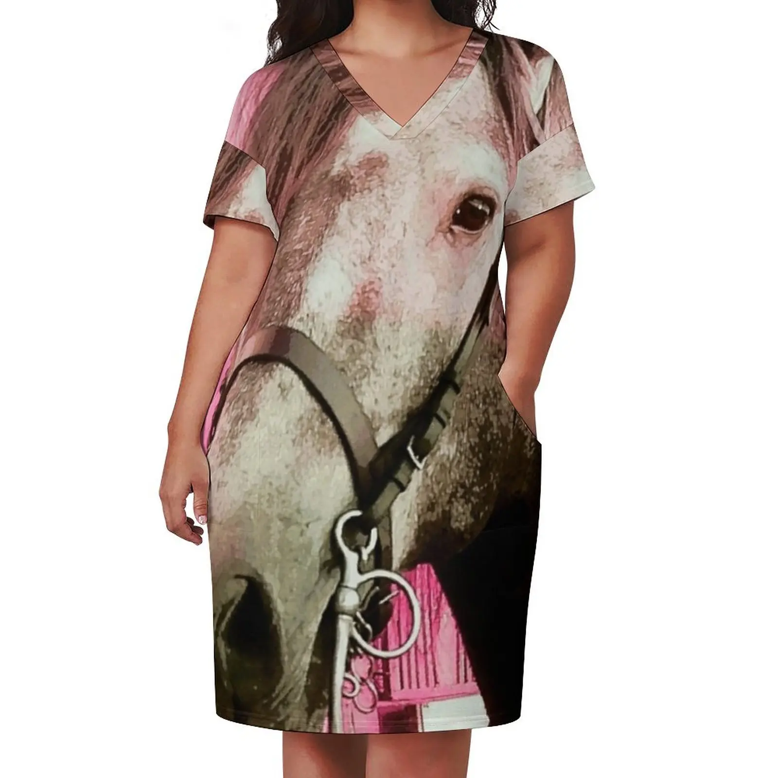 Horse portrait in pink Loose Pocket Dress Summer skirt Prom gown