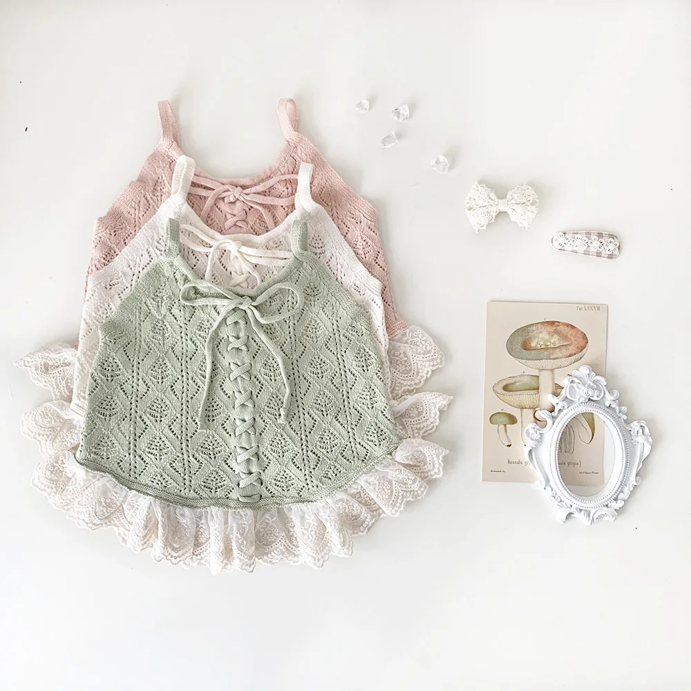 

Jenny&Dave Summer Baby Girls' Knitted Tank Top Girls' Hollow out Cotton Lace Contrast Color Design Thin Sling Strap Back Girls
