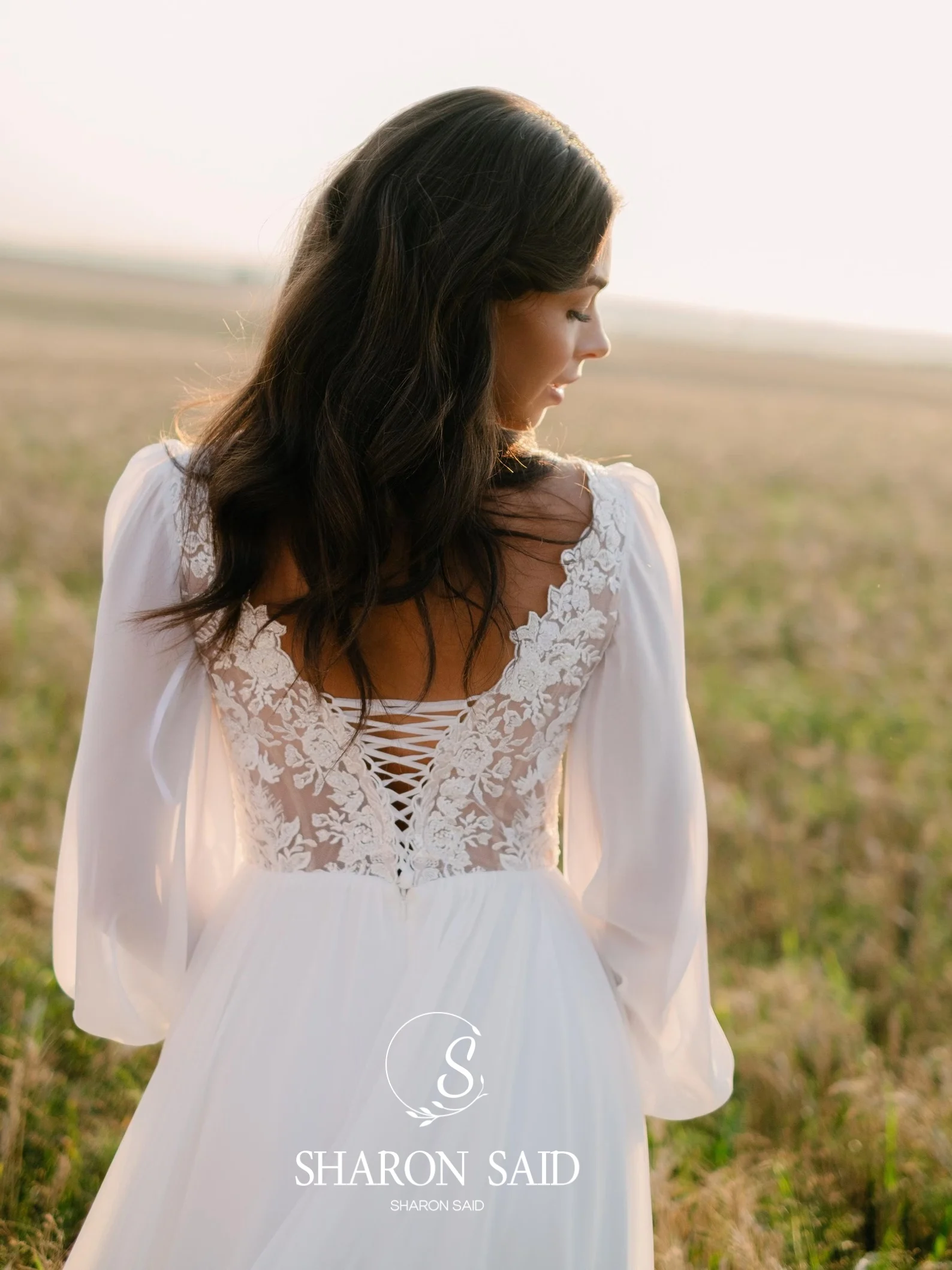 Sharon Said Sexy Boho Lace Wedding Dress Chiffon V-neck Beach High Slit Backless Long Sleeve Bridal Gowns SW116 Customized