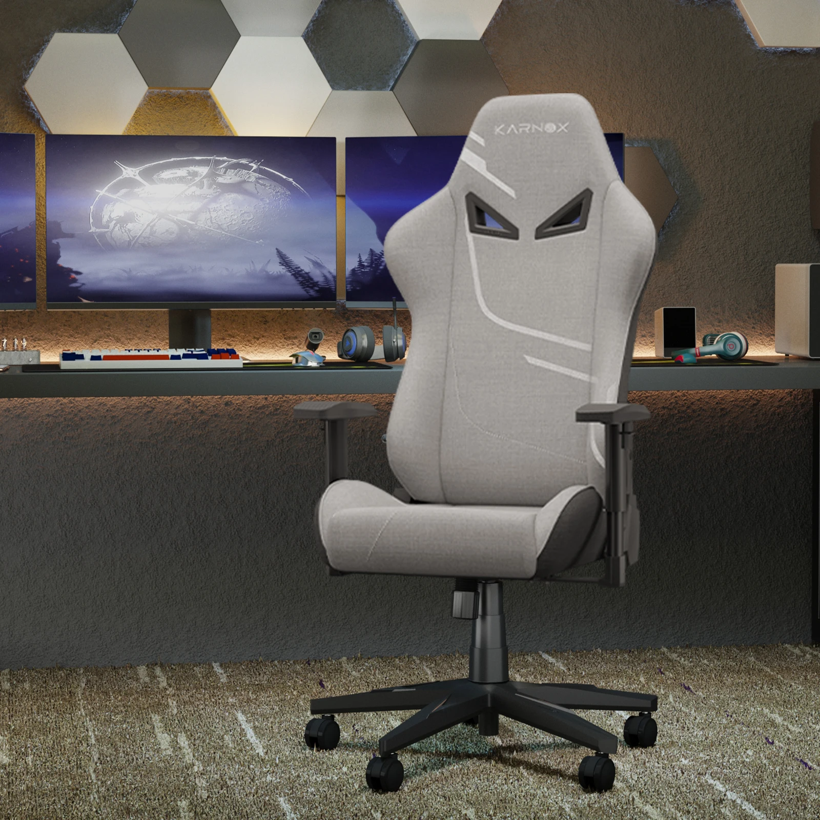 Chaise de jeu ergonomique KarnoX, chaise de bureau pour ordinateur à dossier haut avec soutien lombaire et appui-tête réglables, siège de travail inclinable de type racing avec tissu respirant et accoudoirs en fibre de carbone, gris argenté.