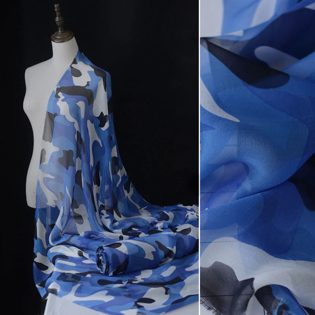 100% Mulberry Silk Blue Camouflage Pattern Chiffon Fabric Soft 6M/M Width 138cm DIY Material for Sewing Dress Scarf Cut By Meter