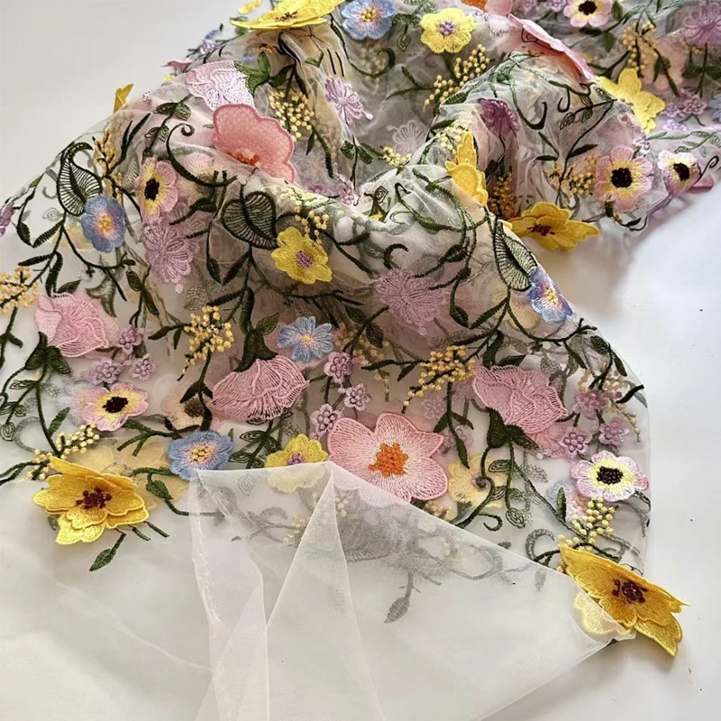 Feast of flowers 3D Flower Mesh Embroidery Applique Tull Lace Fabrics For Wedding Party Dress Material Handmade Sewing Cloth