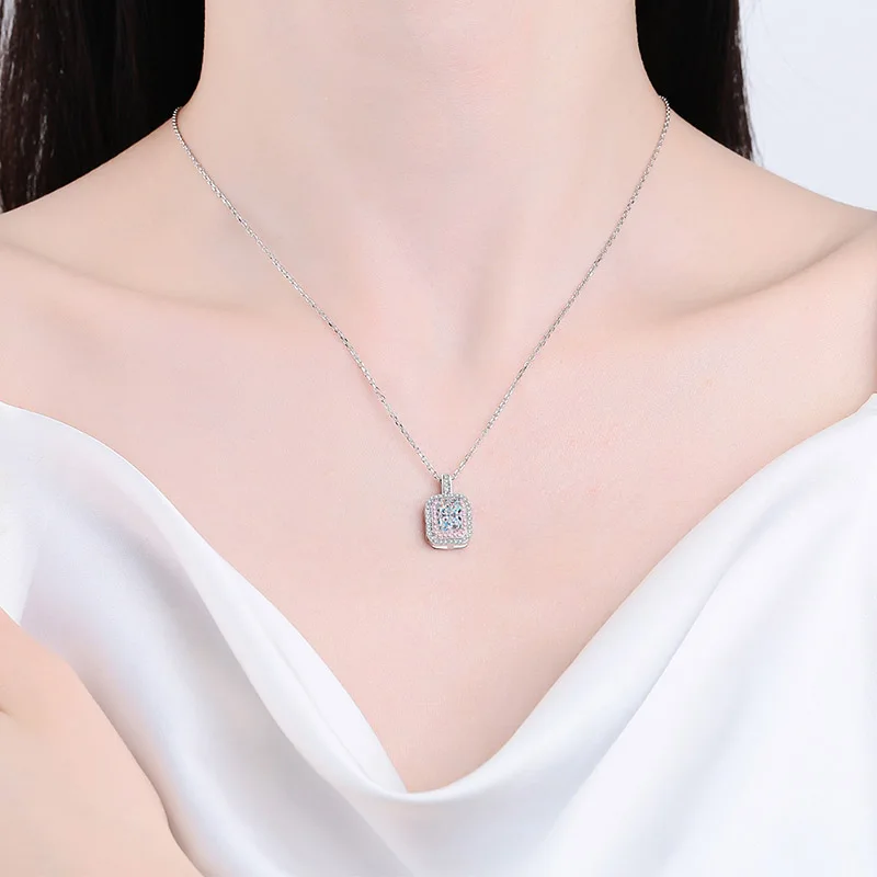 925 sterling silver female emerald cut D color 1 carat moissanite necklace collarbone chain color separation pendant high-end je