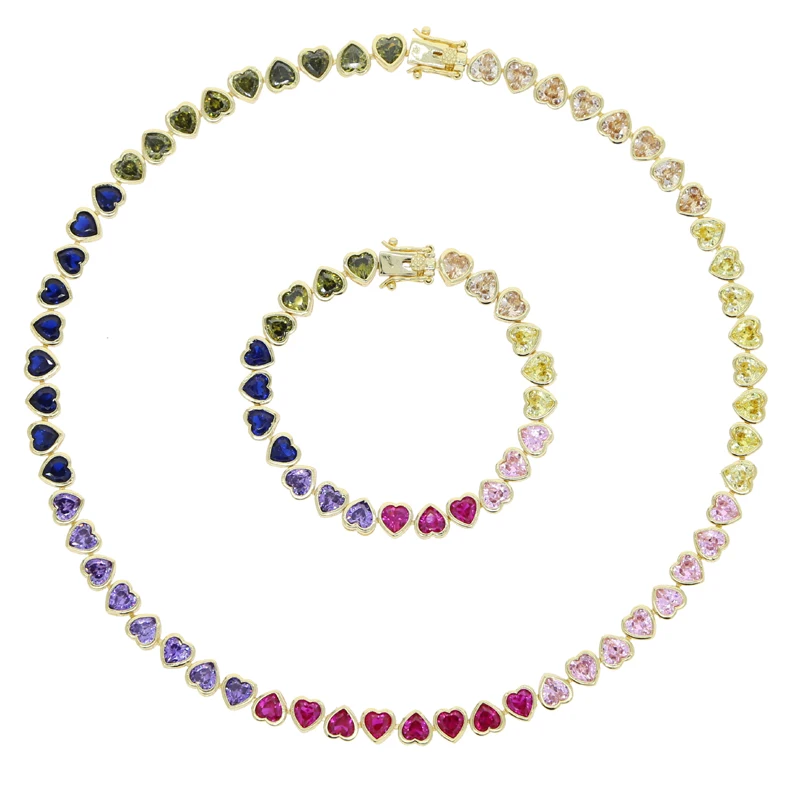 New Arrived Gradual Rainbow Colorful Jewelry Set Gold Color Bezel Heart Shaped CZ Tennis Chain Bracelet Necklace For Women