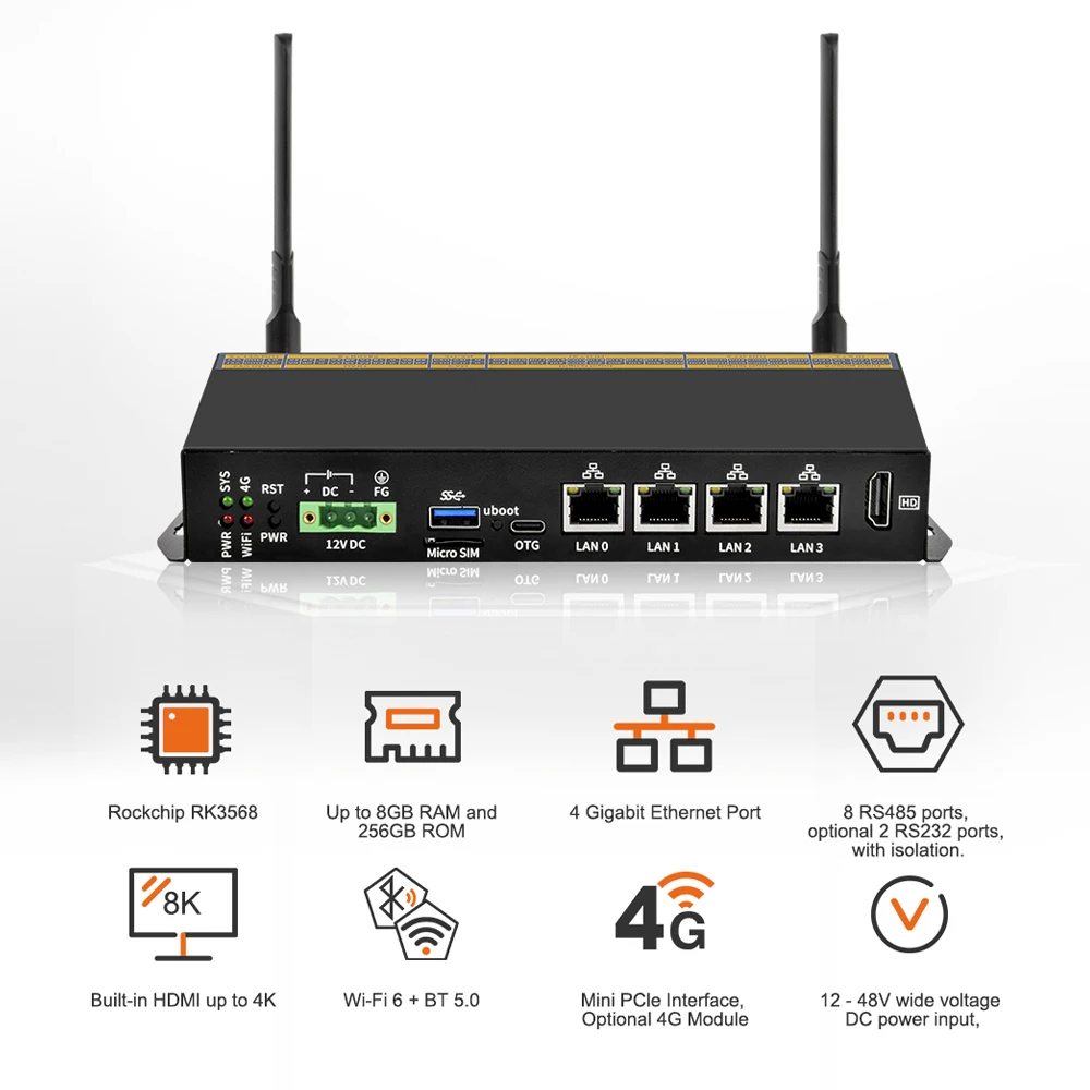 LIONTRON Rockchip RK3568 8-Way RS485 4-way Gigabit LAN Industrial Computer WiFi BT 8G RAM 128G ROM Mini PC Ubuntu Debian Android