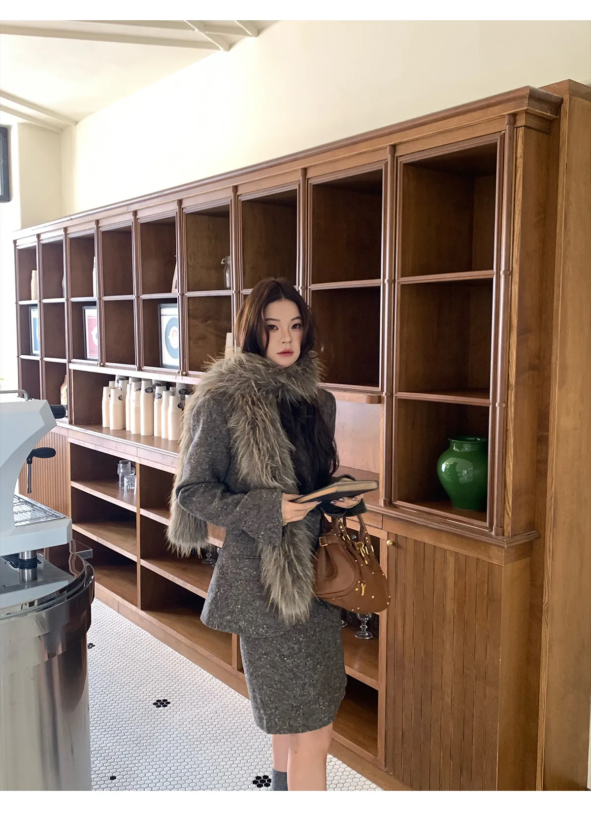 【MAR】Women Retro Intellectual Woolen Blazer Set Waist Coat Skirt Three Piece Outfit