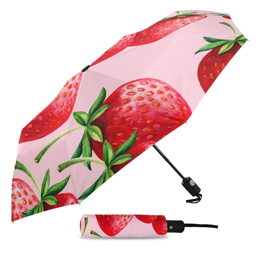 Strawberry Fruit Red Fresh Rain Foldable Umbrella for Women Males Eight Strands Sunny Umbrella Fully-automatic Umbrella