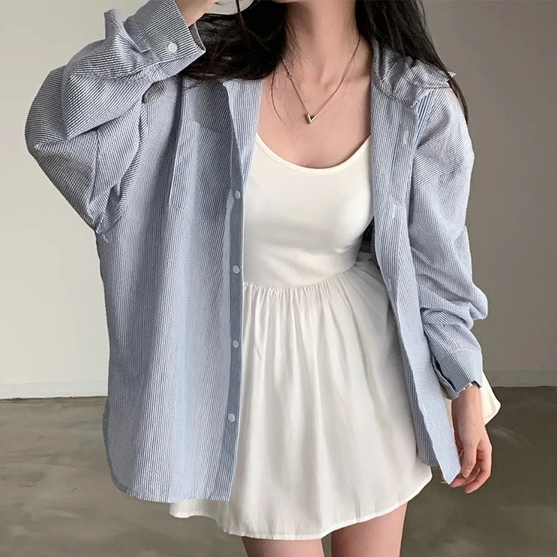 Chic Spring Vintage Anti-Aging Single Button Loose Casual All-Match Hooded Sun Protection Long Sve Striped Women's irt