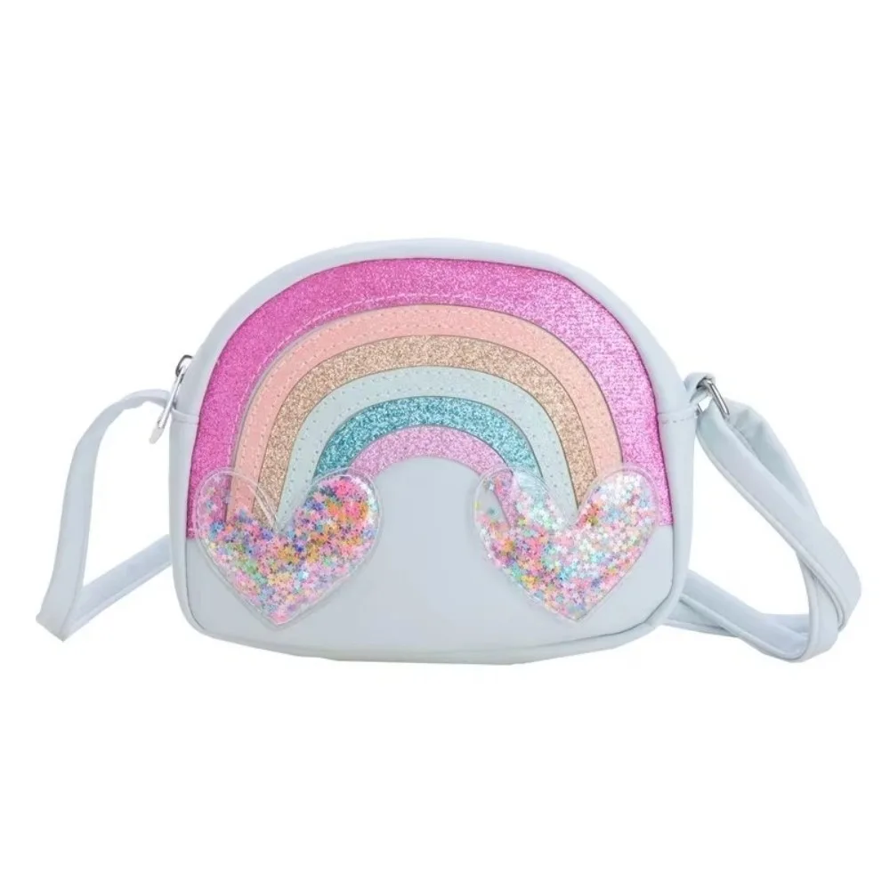 Casual PU Leather Shoulder Bags Rainbow Heart Sequins Print Crossbody Bag Portable Clutch Style Cartoon Bags For Girls