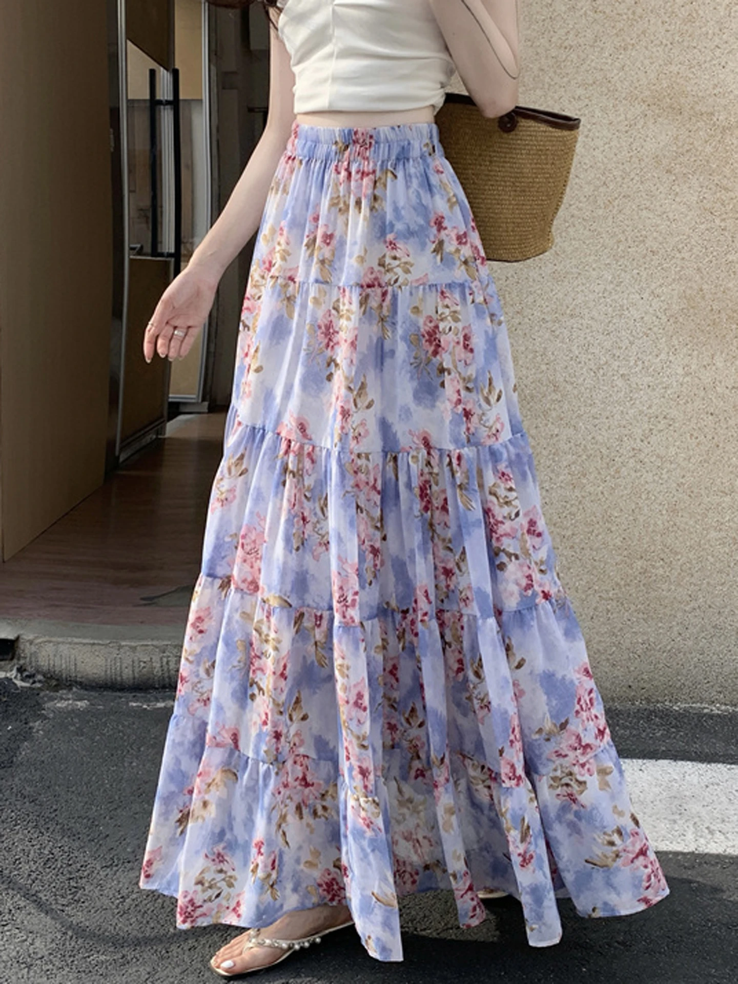 

Summer High Waist A-Line Skirt Women's Chiffon Cake Print Pleated Long Skirt Slimming Flared Half-length Korean Style Commute