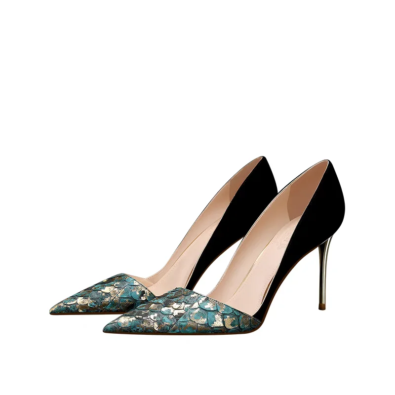 

Новые модные женские туфли-лодочки из натуральной кожи, осенняя обувь на высоком каблуке сбоку, без шнуровки, зеленый, золотой, с острым носком, Прямая поставка