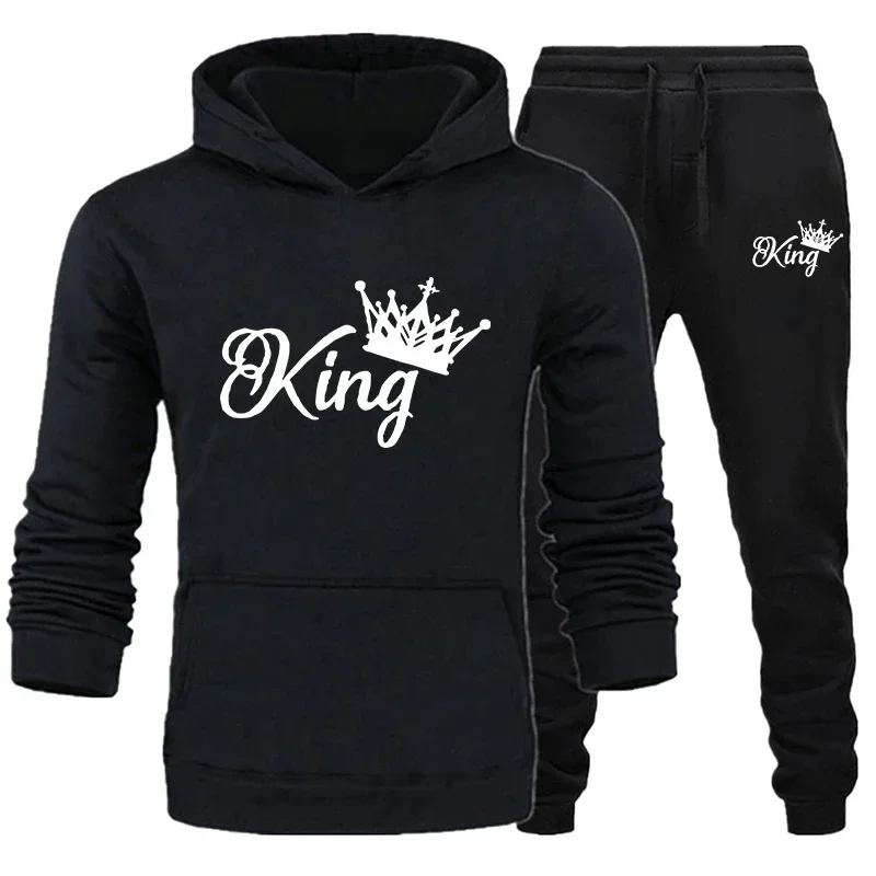 King Printed Autumn Winter Outdoor Sport Hoodies Cotton Fleece Tracksuit 2 Pieces Sets Sweatshirt+Pants Suit Hooded Sportswear