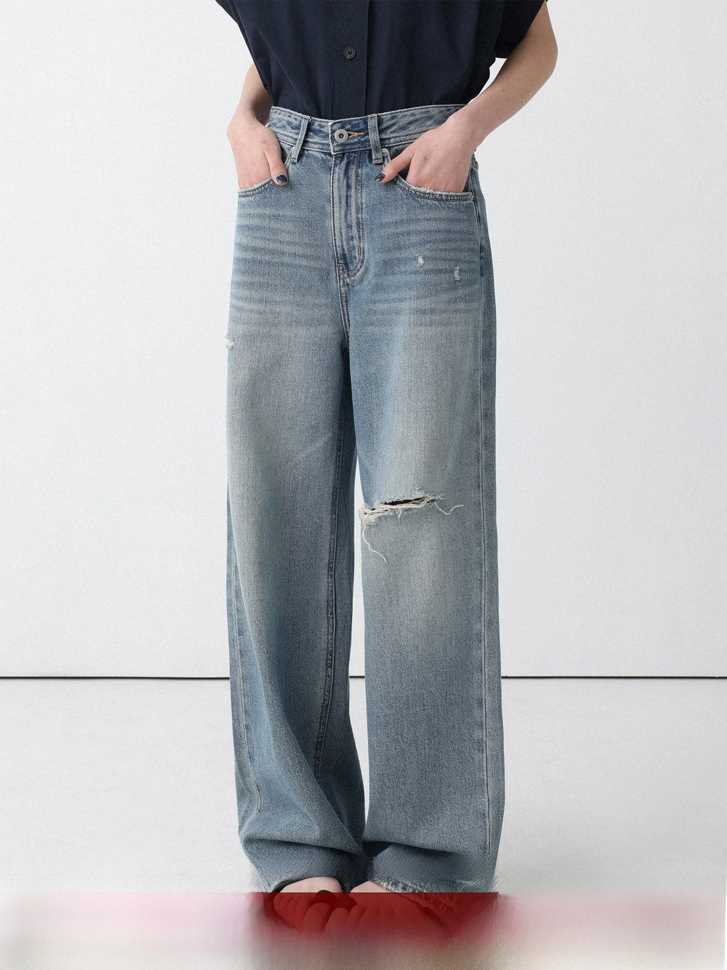 

LowCalorie Casual High Waist Straight Leg Jeans Spring Summer Hole Design Cotton Denim Pants Women's Fashion Spring 2026