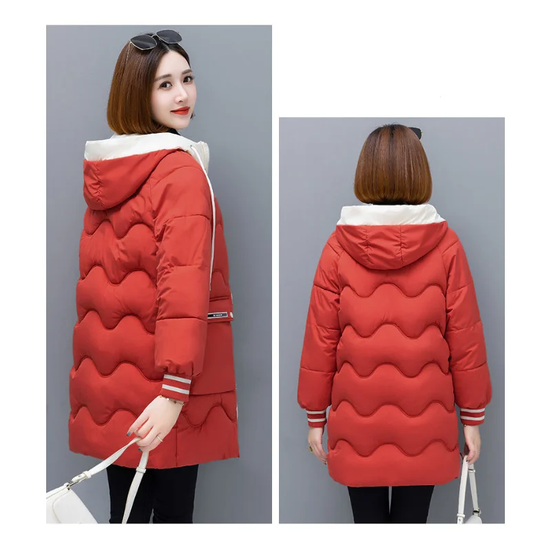 2023 New Down Cotton-padded Women Medium Length Large Size Hooded Loose Commuter Solid Color Hooded Cotton-padded Niche Coat