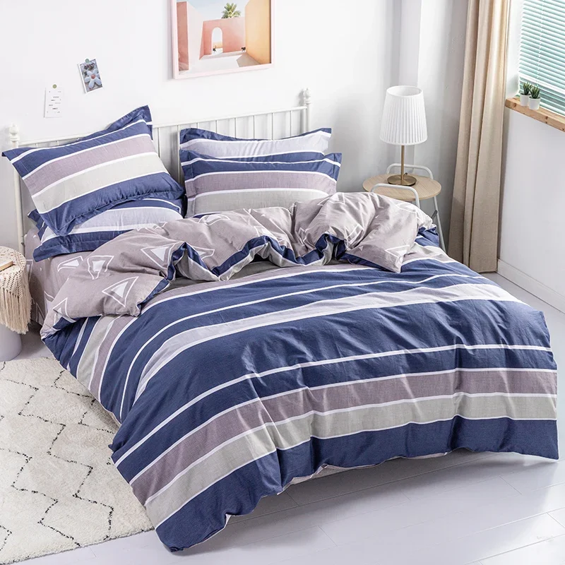 Simple Blue Line Duvet Cover Set Fluffy Soft Pure Cotton White Triangle Geometric Bedding Gray Quilt Cover with 2 Pillowcases