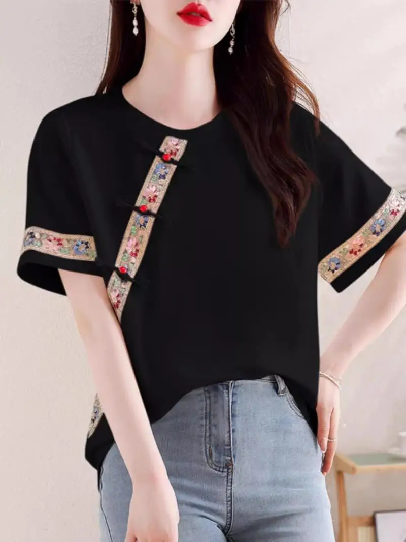 New Fat MM di Grandi Dimensioni Ricamato Stile Cinese 300 Catties Allentato Sottile Temperamento Plaid Pulsante Versatile Top a maniche corte da Donna