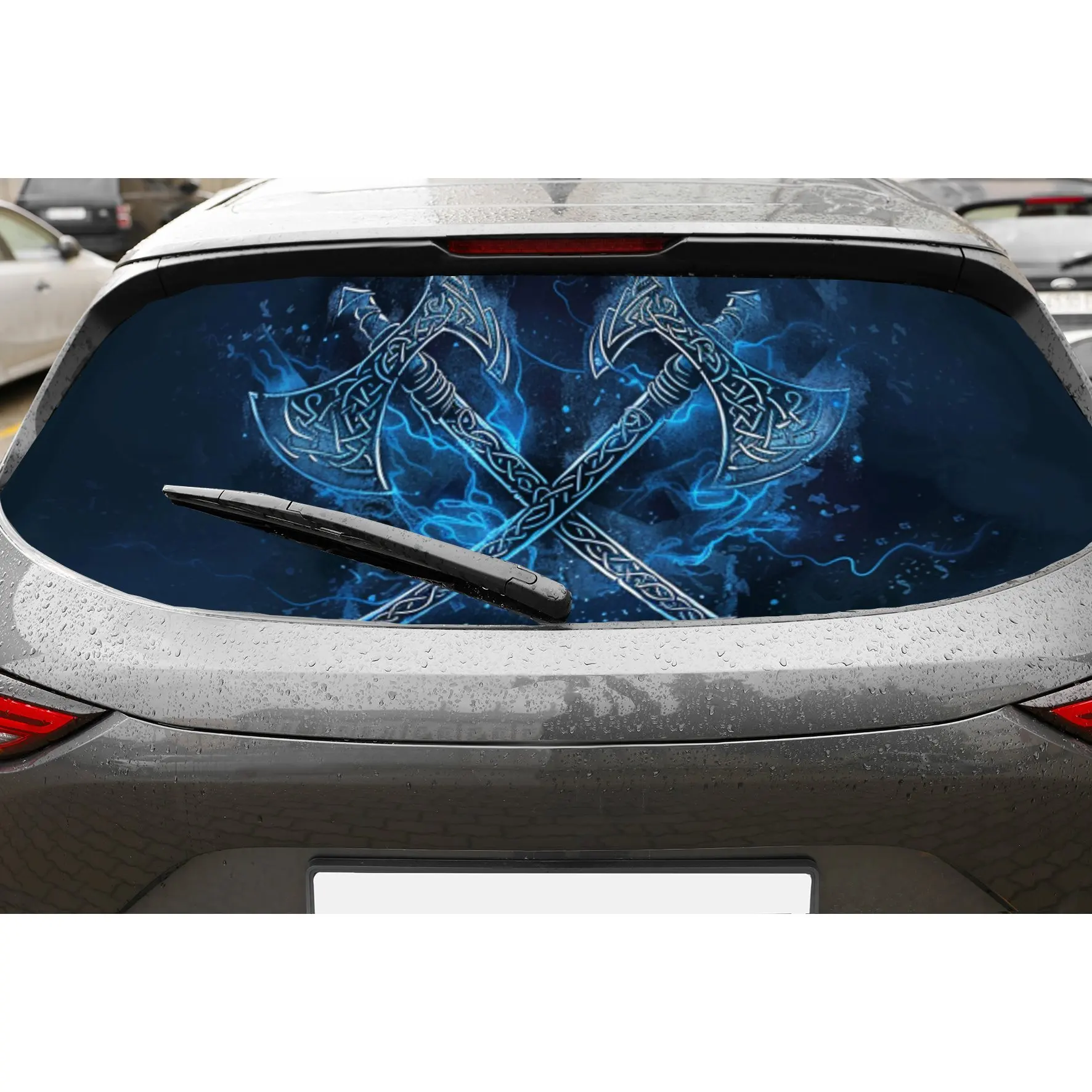 

Viking Axes ПВХ перфорированные автомобильные виниловые обертывания, улучшающий конфиденциальность дизайн для заднего окна, наклейка на заднее лобовое стекло автомобиля для большинства грузовиков
