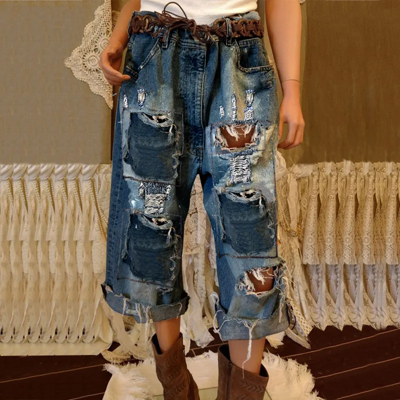 Street Trend Washed Ripped Straight Leg Jeans, Western Retro Fashion Fringe Eight Split Jeans for Women in Europe and America