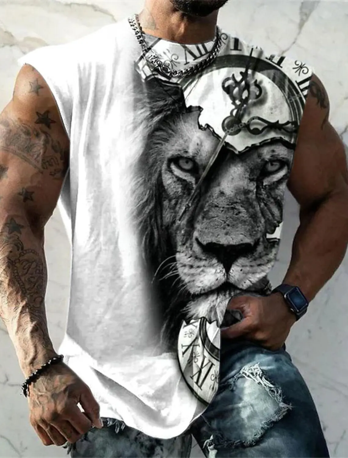 2023 Men\'s Vest Sleeveless T Shirt Mystery Panther Pattern Round Neck Clothing Fashion Sleeveless Print Fitness Sportswear