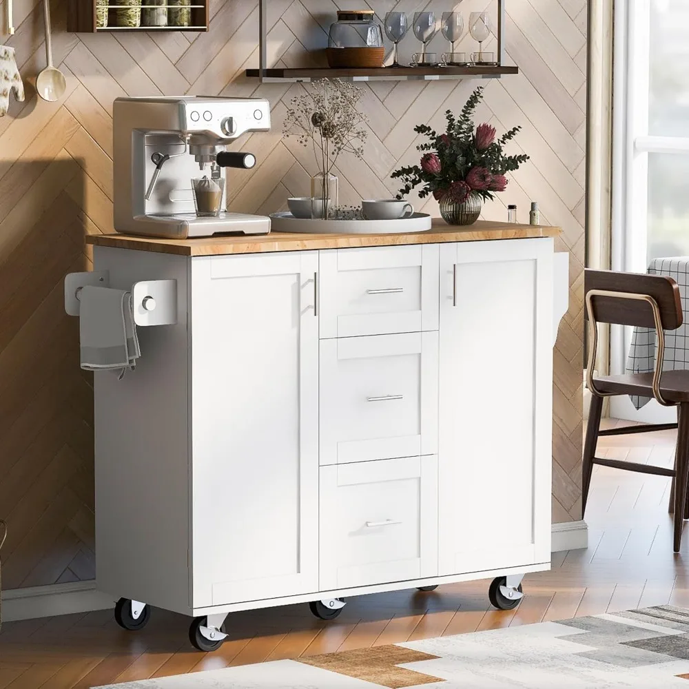 Kitchen Island on Wheels, Kitchen Island Trolley with Rubber Wood Top and Storage Shelves, Kitchen Trolley with 3 Drawers