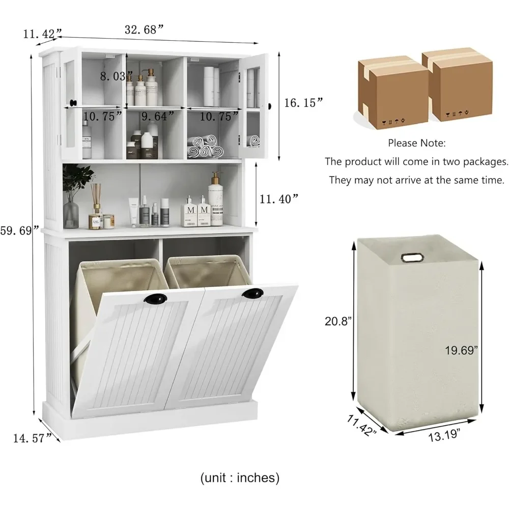 Tall Tilt-Out Double Doors Laundry Cabinet Hamper, Large Pull Out Laundry Room Storage Cabinets, Bathroom Cabinets