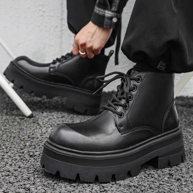 plus size men\'s casual platform boots lace-up genuine leather shoes punk rock dress cowboy ankle boot handsome chunky botas male