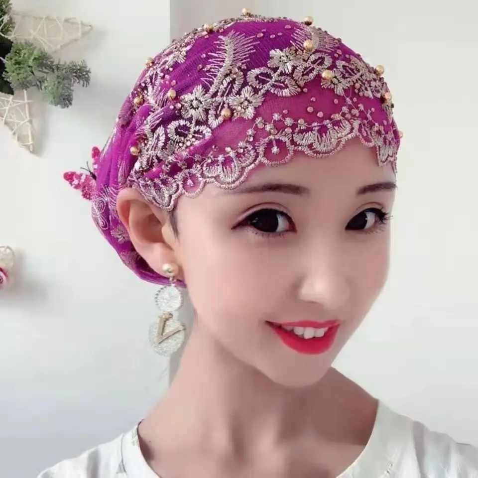 Breathable Embroidery Lace Turban Cap Women's Summer Beanies Bonnet Muslim Headscarf Hat Ladies Head Wraps Ready Hijab 3
