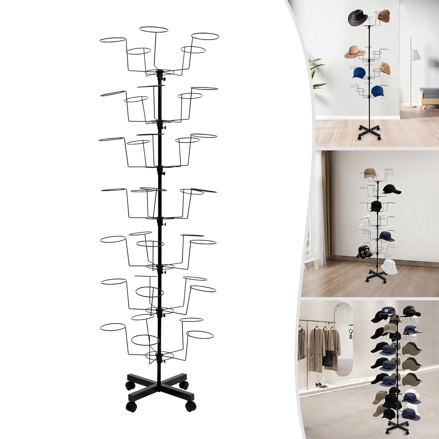 7-Tier Rotating Hat Display Rack Stand 35 Cap Holders,Metal Freestanding Hat Storage Rack,Cowboy Baseball Hat, Customized