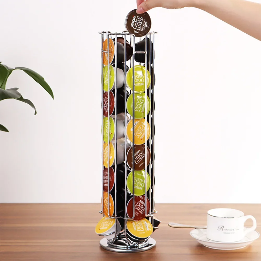 Metal Coffee Pods Holder Tower Chrome Plating Stand Coffee Tamper Capsules Storage Rack for 32pcs Dolce Gusto Coffee Capsule