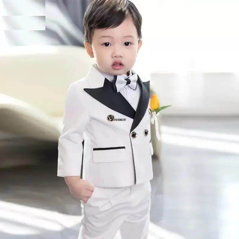 Children White Wedding Suit Prince Kids Jacket Pants Photograph Suit Flower Boys Tuxedo Dress Baby 1 Year Birthday Dress Costume