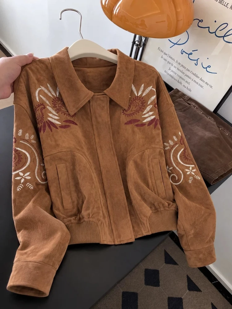 Jacket Women Vintage Lapel Short Ethnic Pattern Zip Placket Ribbed Hem Loose Cozy Daily Modern Casual Long Sleeve Elegant Coat