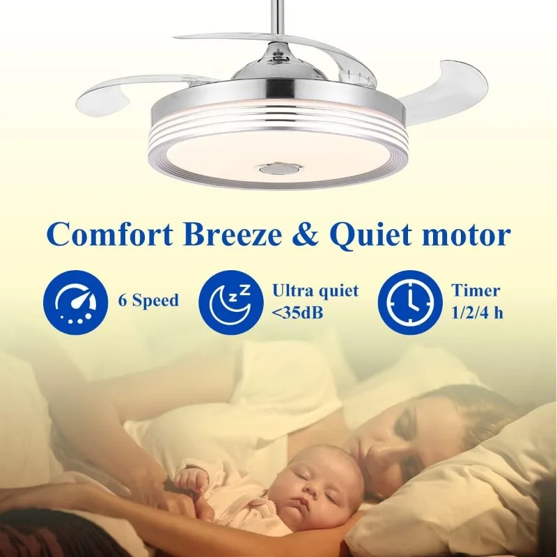 48 inch Modern Retractable Ceiling Fan with Lights and Remote Control, 6Speed Dimmable Fandelier, Smart Ceiling Fan Light with B