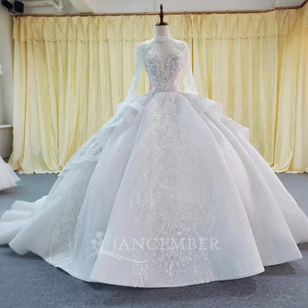 

Romantic Floral Ball Gown Wedding Dress Fantasy Beaded High Neck Luxurious Customized Delicate Tulle Bride Wear свадебное платье
