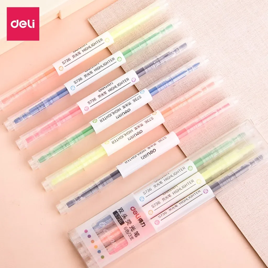 DELI Twin Tip Highlighter 6 Colors Cute Pen Double Headed marker Pen Mark Pen Office School Supplies Stationery highlighters