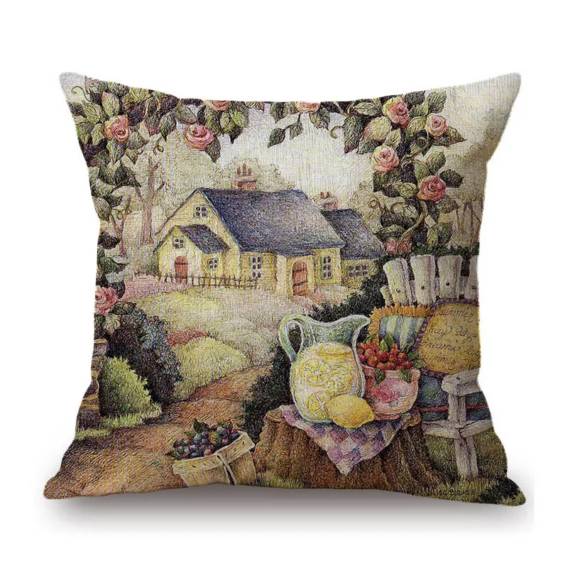 American Pastrol Country Side View Oil Painting Cotton Linen Sofa Bench Cushion Cover Home Decoration Throw Pillow  Case