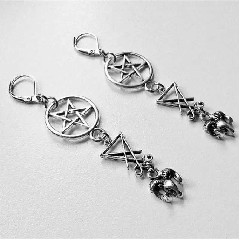 Lucifer Sigil Pentagon Inverted Gothic Earrings, Goat Headwear, Pendant Set, Gothic Fashion Jewelry, Rock Gifts, Women's Trends