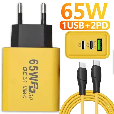 65W 3-portowe ładowarki USB PD do telefonów komórkowych USB C do typu C Szybki kabel do ładowania danych QC3.0 Zasilacz ścienny do telefonu komórkowego
