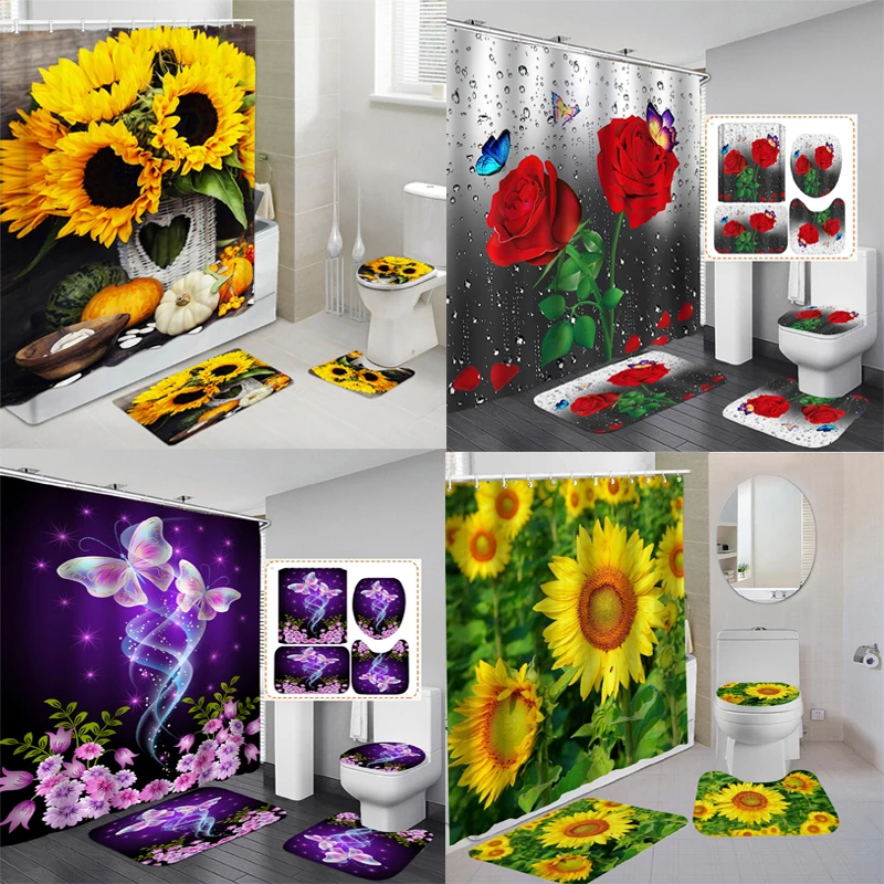 

Современные цветы и бабочки, водонепроницаемый комплект занавесок для душа, чехол на сиденье для унитаза, нескользящий коврик для ванной, ковер, декор для ванной комнаты, моющийся